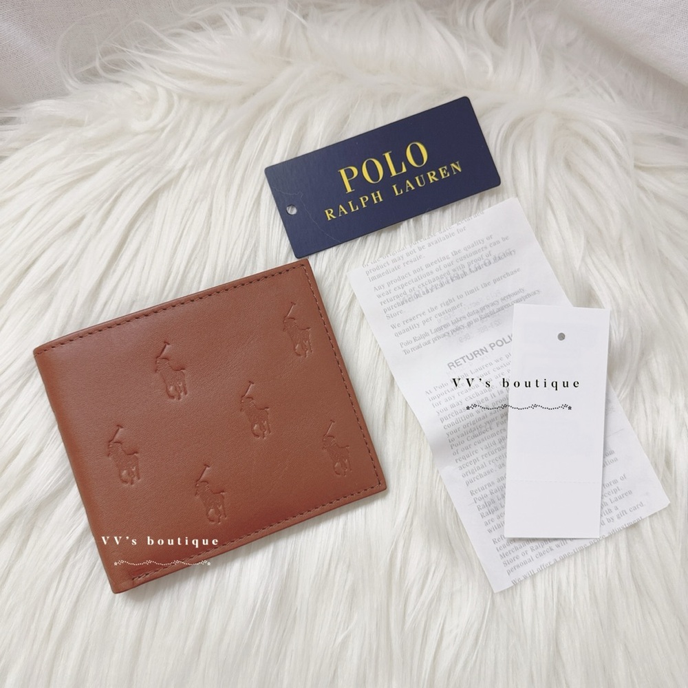 NWT Polo Ralph Lauren Smooth Leather Pony Embedded Logo Bifold Men Wallet Brown